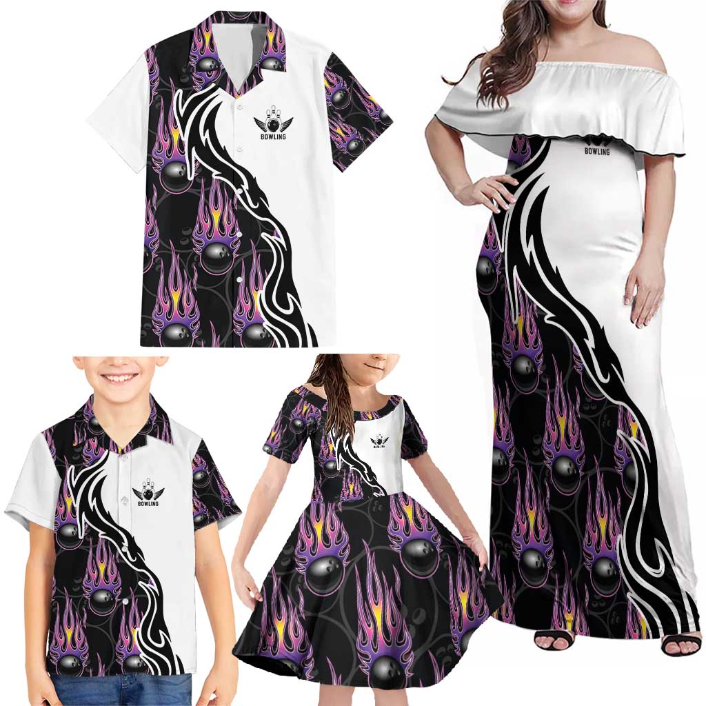 Custom Bowling Team Graphic Family Matching Off Shoulder Maxi Dress and Hawaiian Shirt with Flaming Ball Design in Black White and Purple Flame Pattern - Wonder Print Shop