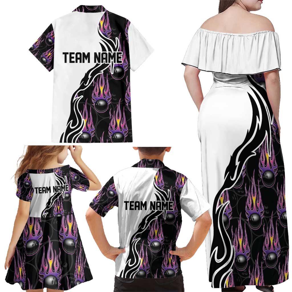 Custom Bowling Team Graphic Family Matching Off Shoulder Maxi Dress and Hawaiian Shirt with Flaming Ball Design in Black White and Purple Flame Pattern - Wonder Print Shop