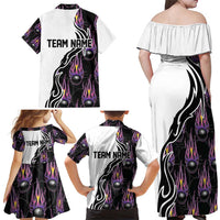 Custom Bowling Team Graphic Family Matching Off Shoulder Maxi Dress and Hawaiian Shirt with Flaming Ball Design in Black White and Purple Flame Pattern - Wonder Print Shop