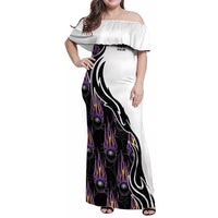 Custom Bowling Team Graphic Family Matching Off Shoulder Maxi Dress and Hawaiian Shirt with Flaming Ball Design in Black White and Purple Flame Pattern - Wonder Print Shop