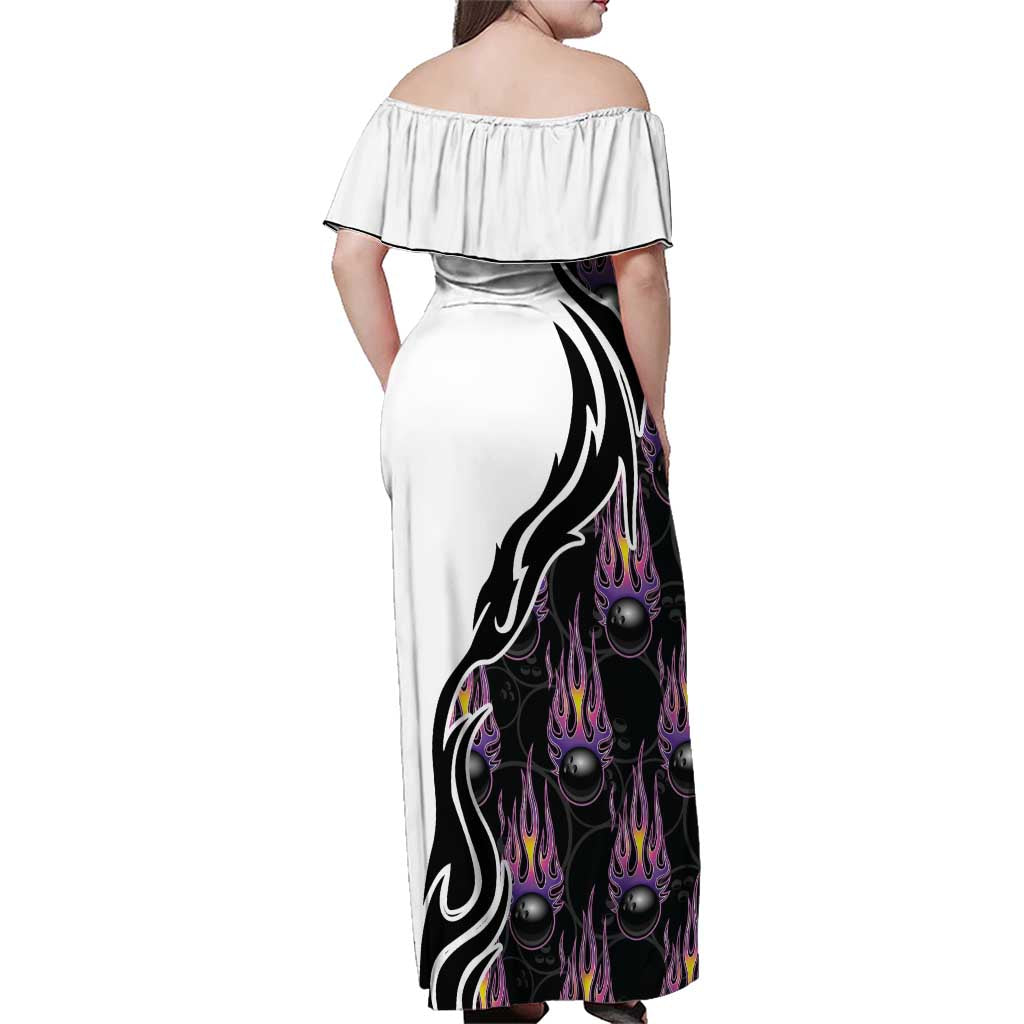 Custom Bowling Team Graphic Family Matching Off Shoulder Maxi Dress and Hawaiian Shirt with Flaming Ball Design in Black White and Purple Flame Pattern - Wonder Print Shop