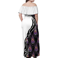 Custom Bowling Team Graphic Family Matching Off Shoulder Maxi Dress and Hawaiian Shirt with Flaming Ball Design in Black White and Purple Flame Pattern - Wonder Print Shop