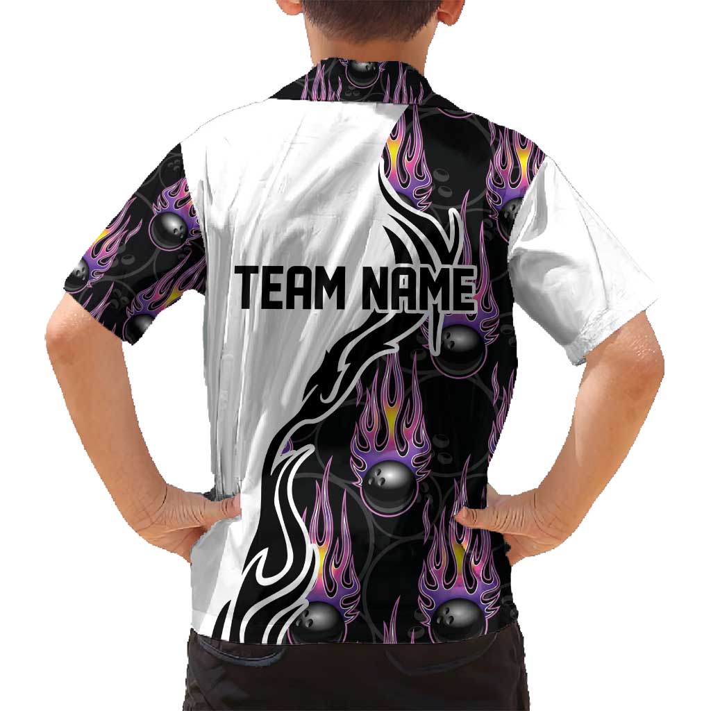 Custom Bowling Team Graphic Family Matching Off Shoulder Short Dress and Hawaiian Shirt with Flaming Ball Design in Black White and Purple Flame Pattern - Wonder Print Shop