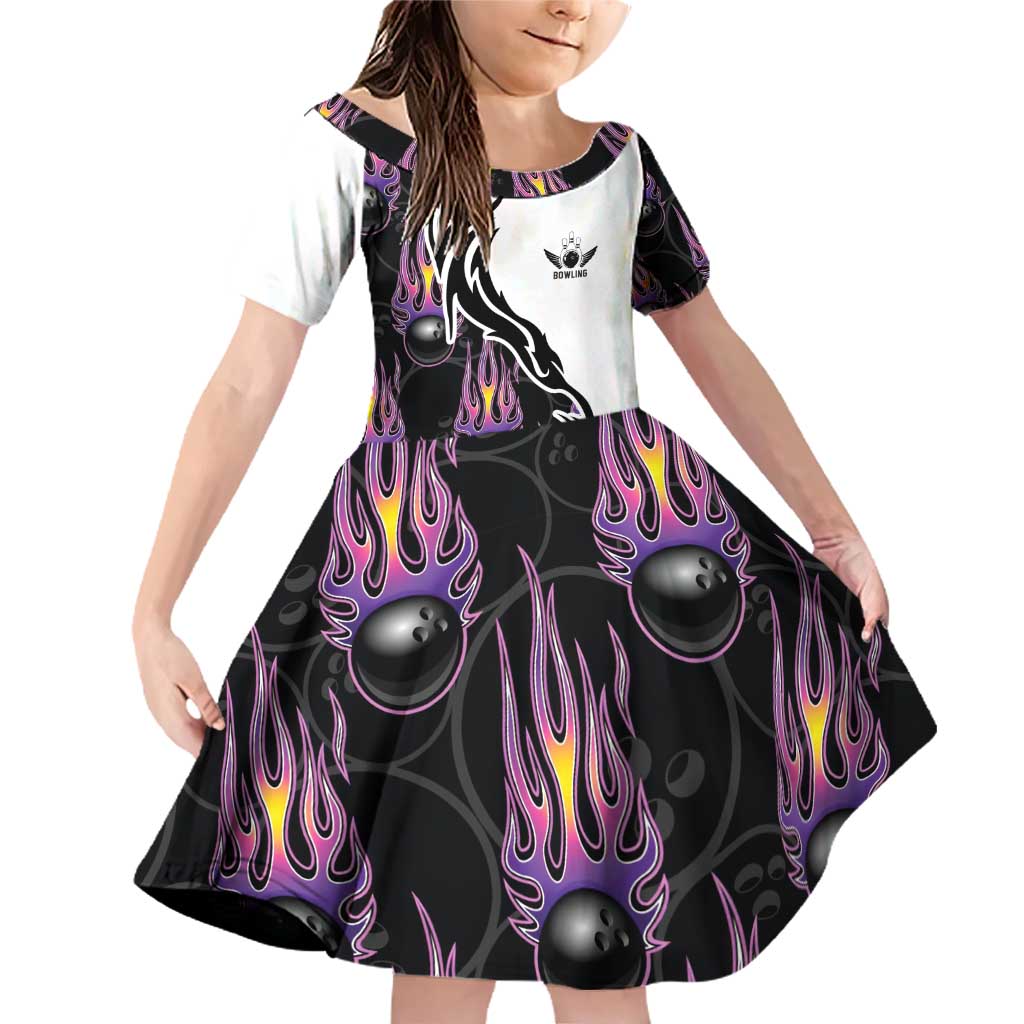 Custom Bowling Team Graphic Family Matching Off Shoulder Short Dress and Hawaiian Shirt with Flaming Ball Design in Black White and Purple Flame Pattern - Wonder Print Shop