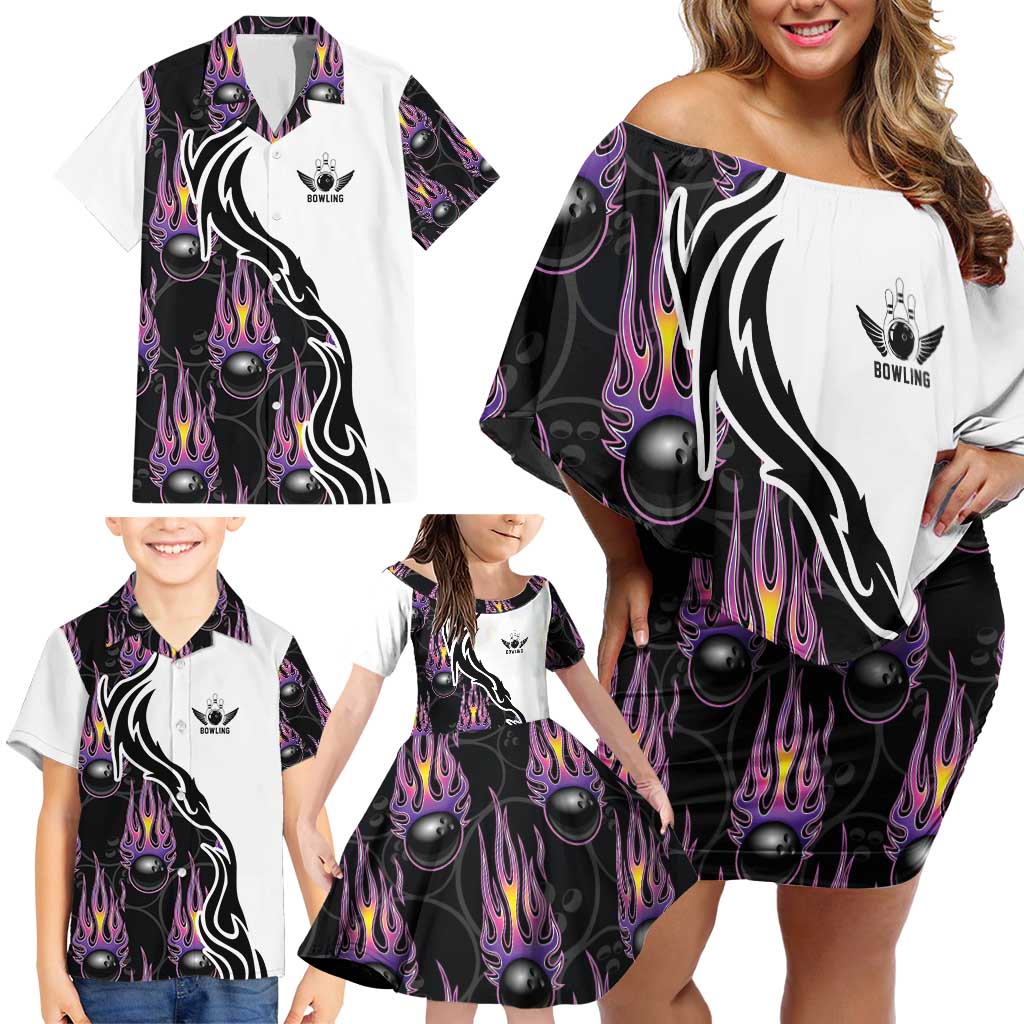Custom Bowling Team Graphic Family Matching Off Shoulder Short Dress and Hawaiian Shirt with Flaming Ball Design in Black White and Purple Flame Pattern - Wonder Print Shop