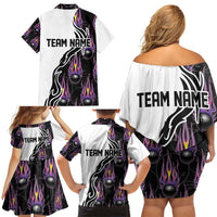 Custom Bowling Team Graphic Family Matching Off Shoulder Short Dress and Hawaiian Shirt with Flaming Ball Design in Black White and Purple Flame Pattern - Wonder Print Shop