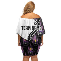 Custom Bowling Team Graphic Family Matching Off Shoulder Short Dress and Hawaiian Shirt with Flaming Ball Design in Black White and Purple Flame Pattern - Wonder Print Shop