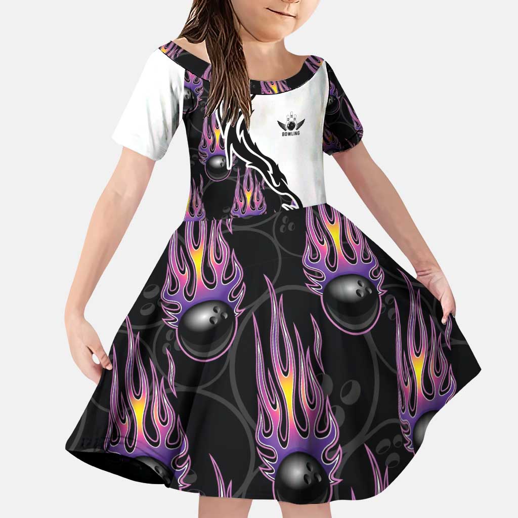 Custom Bowling Team Graphic Family Matching Puletasi and Hawaiian Shirt with Flaming Ball Design in Black White and Purple Flame Pattern - Wonder Print Shop