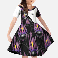 Custom Bowling Team Graphic Family Matching Puletasi and Hawaiian Shirt with Flaming Ball Design in Black White and Purple Flame Pattern - Wonder Print Shop