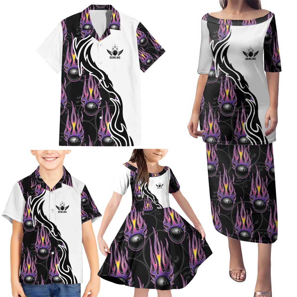 Custom Bowling Team Graphic Family Matching Puletasi and Hawaiian Shirt with Flaming Ball Design in Black White and Purple Flame Pattern - Wonder Print Shop