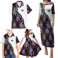 Custom Bowling Team Graphic Family Matching Puletasi and Hawaiian Shirt with Flaming Ball Design in Black White and Purple Flame Pattern - Wonder Print Shop