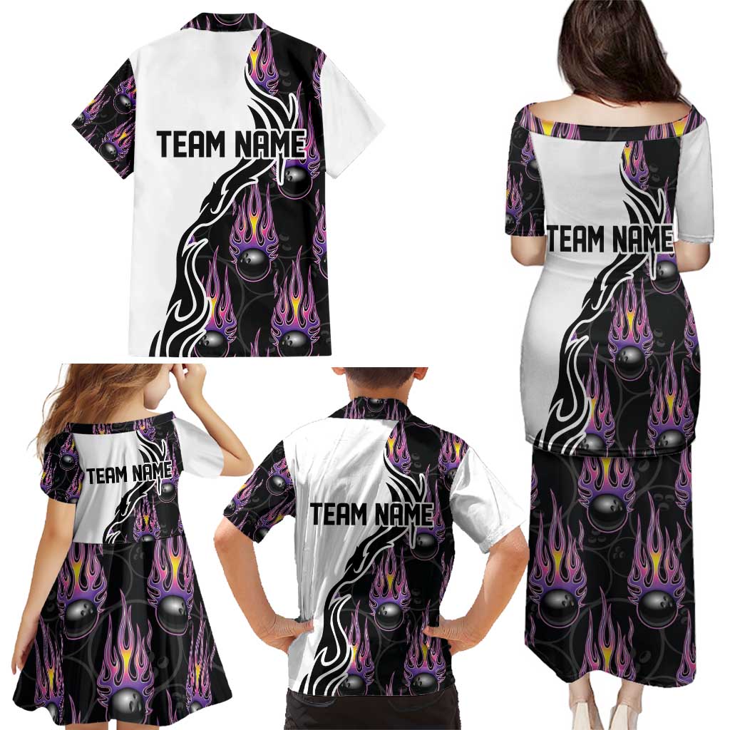 Custom Bowling Team Graphic Family Matching Puletasi and Hawaiian Shirt with Flaming Ball Design in Black White and Purple Flame Pattern - Wonder Print Shop