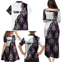 Custom Bowling Team Graphic Family Matching Puletasi and Hawaiian Shirt with Flaming Ball Design in Black White and Purple Flame Pattern - Wonder Print Shop