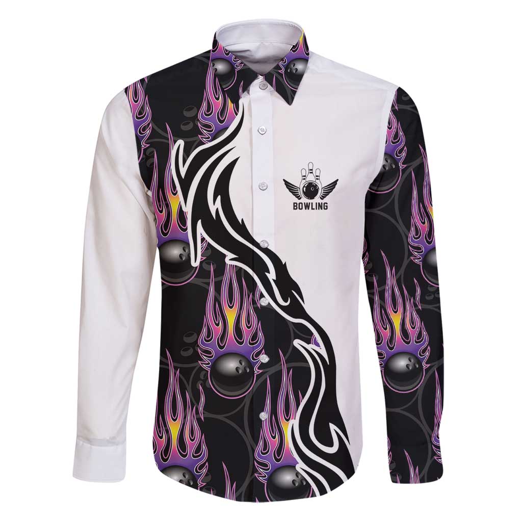 Custom Bowling Team Graphic Family Matching Puletasi and Hawaiian Shirt with Flaming Ball Design in Black White and Purple Flame Pattern - Wonder Print Shop