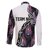 Custom Bowling Team Graphic Family Matching Puletasi and Hawaiian Shirt with Flaming Ball Design in Black White and Purple Flame Pattern - Wonder Print Shop
