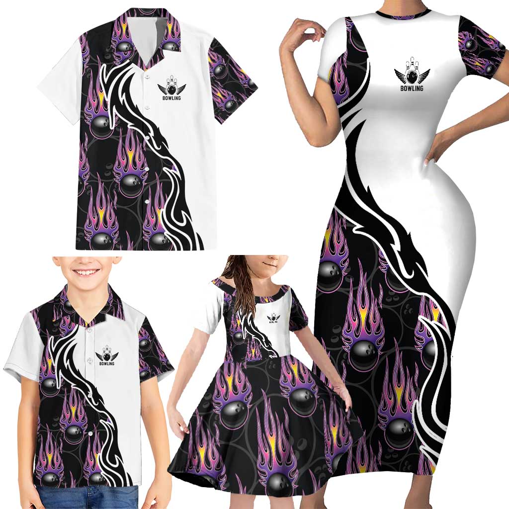 Custom Bowling Team Graphic Family Matching Short Sleeve Bodycon Dress and Hawaiian Shirt with Flaming Ball Design in Black White and Purple Flame Pattern - Wonder Print Shop