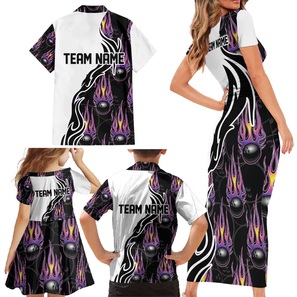 Custom Bowling Team Graphic Family Matching Short Sleeve Bodycon Dress and Hawaiian Shirt with Flaming Ball Design in Black White and Purple Flame Pattern - Wonder Print Shop