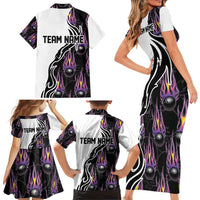 Custom Bowling Team Graphic Family Matching Short Sleeve Bodycon Dress and Hawaiian Shirt with Flaming Ball Design in Black White and Purple Flame Pattern - Wonder Print Shop
