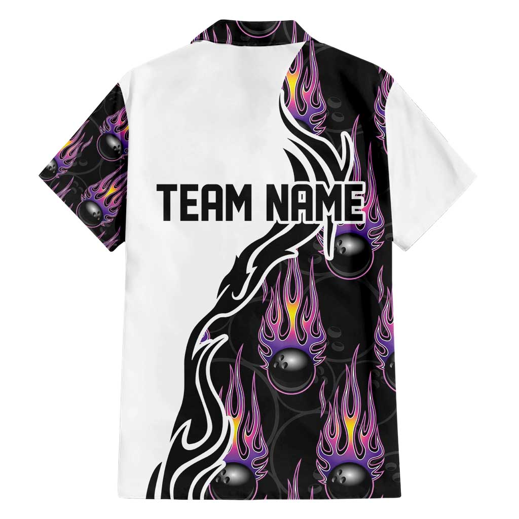 Custom Bowling Team Graphic Family Matching Short Sleeve Bodycon Dress and Hawaiian Shirt with Flaming Ball Design in Black White and Purple Flame Pattern - Wonder Print Shop