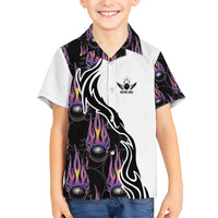 Custom Bowling Team Graphic Family Matching Short Sleeve Bodycon Dress and Hawaiian Shirt with Flaming Ball Design in Black White and Purple Flame Pattern - Wonder Print Shop