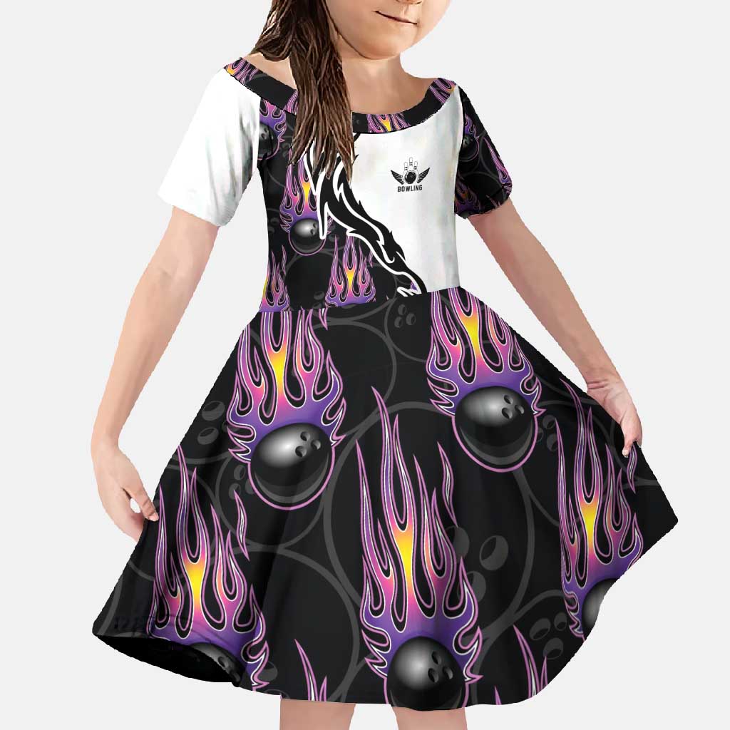 Custom Bowling Team Graphic Family Matching Summer Maxi Dress and Hawaiian Shirt with Flaming Ball Design in Black White and Purple Flame Pattern - Wonder Print Shop