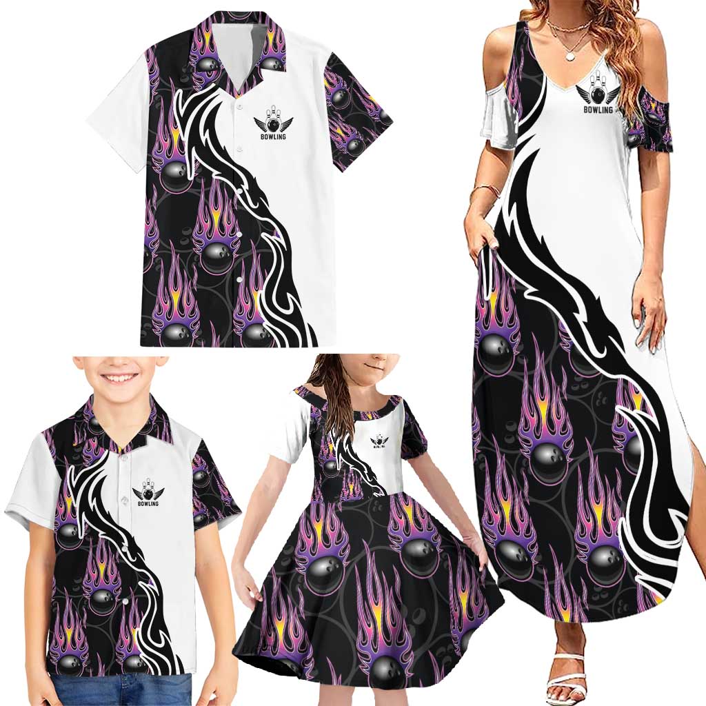 Custom Bowling Team Graphic Family Matching Summer Maxi Dress and Hawaiian Shirt with Flaming Ball Design in Black White and Purple Flame Pattern - Wonder Print Shop