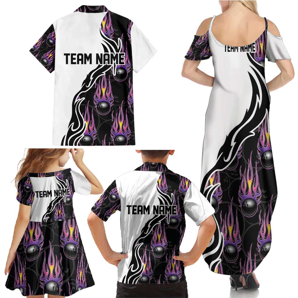 Custom Bowling Team Graphic Family Matching Summer Maxi Dress and Hawaiian Shirt with Flaming Ball Design in Black White and Purple Flame Pattern - Wonder Print Shop