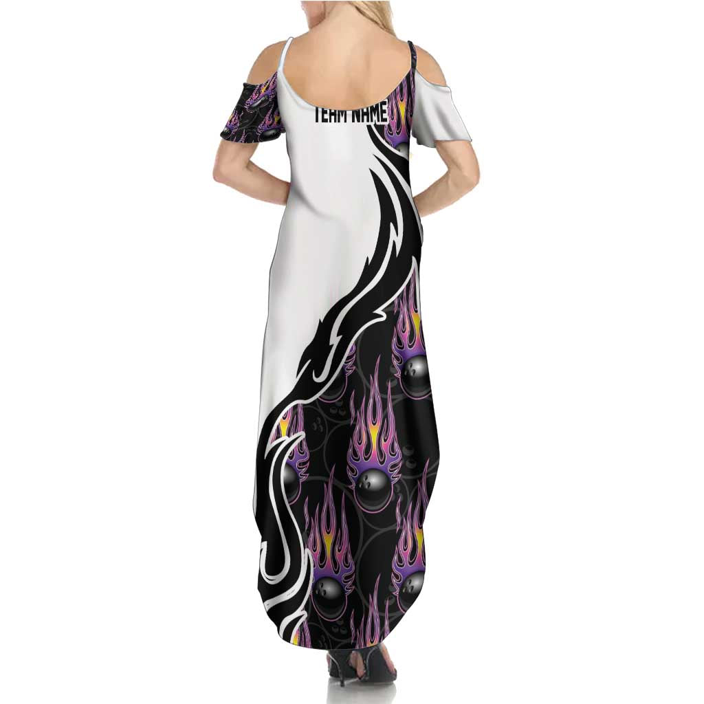 Custom Bowling Team Graphic Family Matching Summer Maxi Dress and Hawaiian Shirt with Flaming Ball Design in Black White and Purple Flame Pattern - Wonder Print Shop