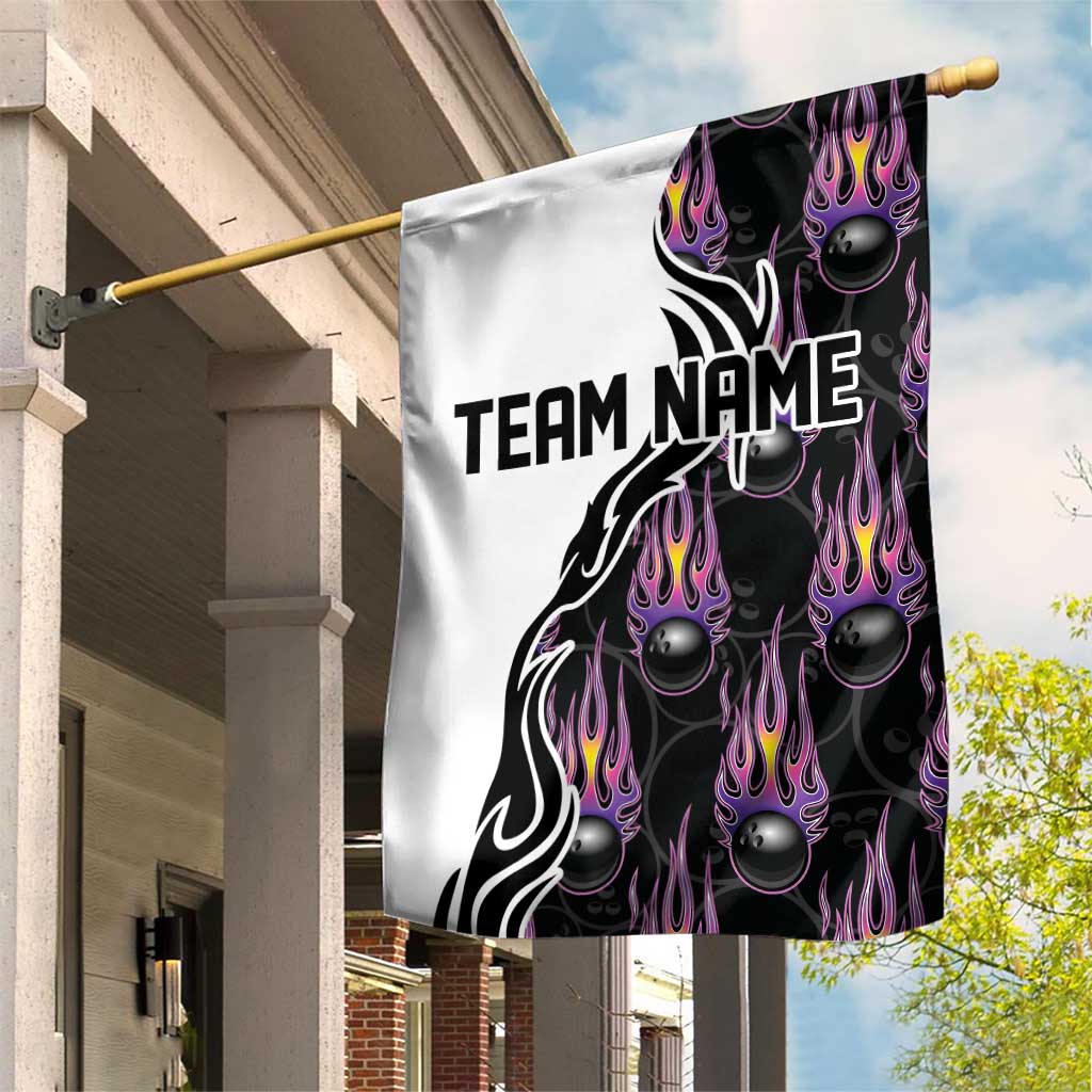 Custom Bowling Team Graphic Garden Flag with Flaming Ball Design in Black White and Purple Flame Pattern - Wonder Print Shop