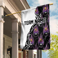 Custom Bowling Team Graphic Garden Flag with Flaming Ball Design in Black White and Purple Flame Pattern - Wonder Print Shop