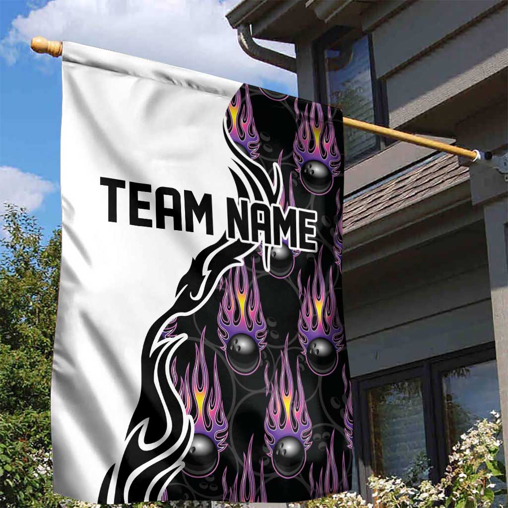 Custom Bowling Team Graphic Garden Flag with Flaming Ball Design in Black White and Purple Flame Pattern - Wonder Print Shop