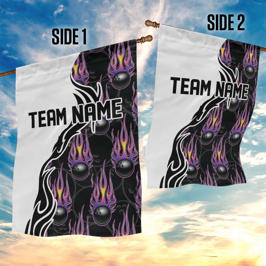 Custom Bowling Team Graphic Garden Flag with Flaming Ball Design in Black White and Purple Flame Pattern - Wonder Print Shop