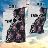 Custom Bowling Team Graphic Garden Flag with Flaming Ball Design in Black White and Purple Flame Pattern - Wonder Print Shop