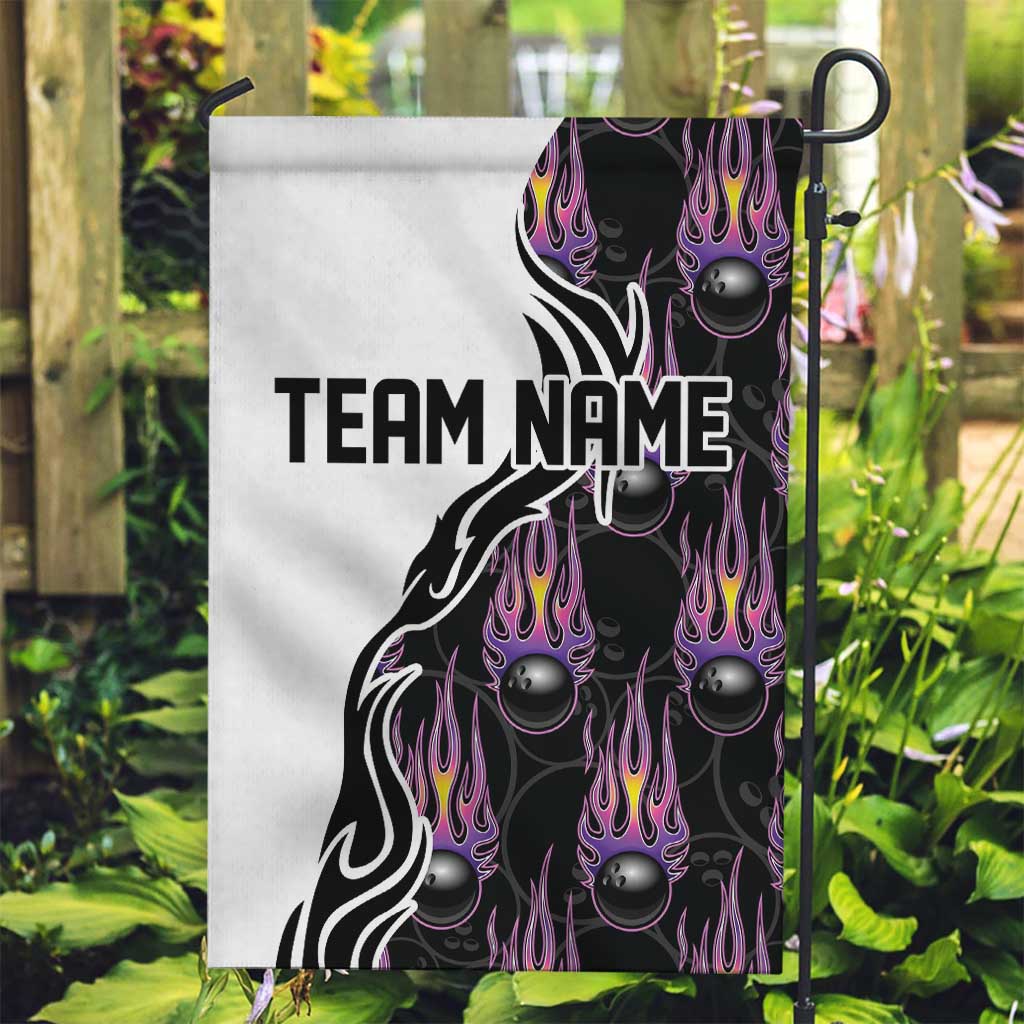 Custom Bowling Team Graphic Garden Flag with Flaming Ball Design in Black White and Purple Flame Pattern - Wonder Print Shop