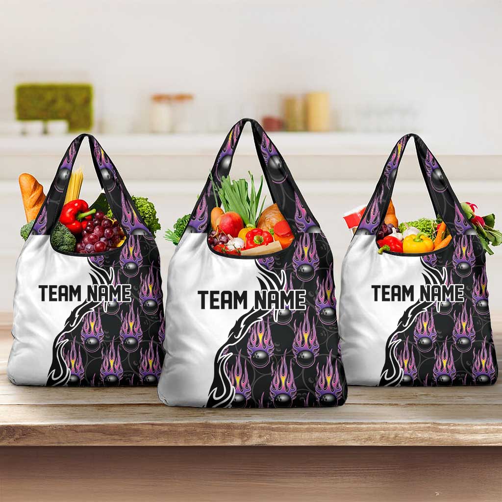 Custom Bowling Team Graphic Grocery Bag with Flaming Ball Design in Black White and Purple Flame Pattern - Wonder Print Shop