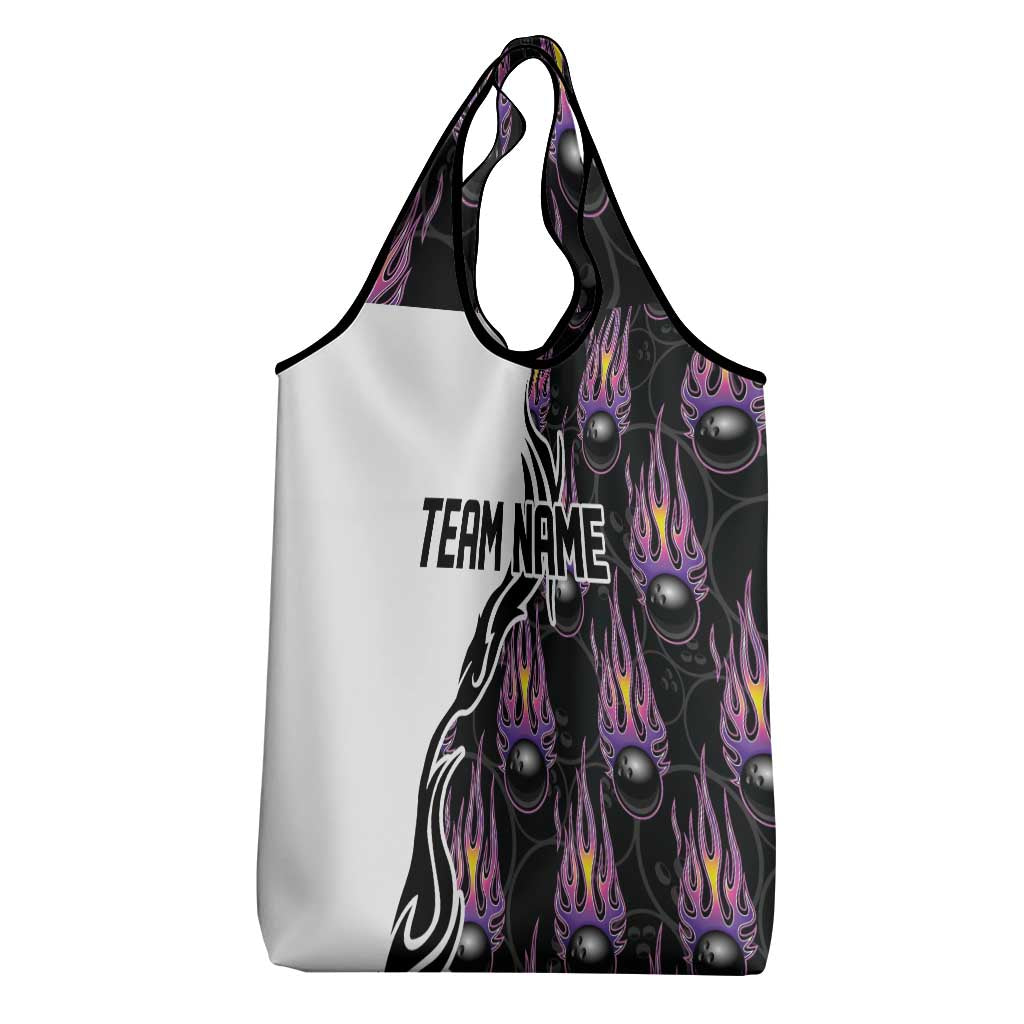 Custom Bowling Team Graphic Grocery Bag with Flaming Ball Design in Black White and Purple Flame Pattern - Wonder Print Shop