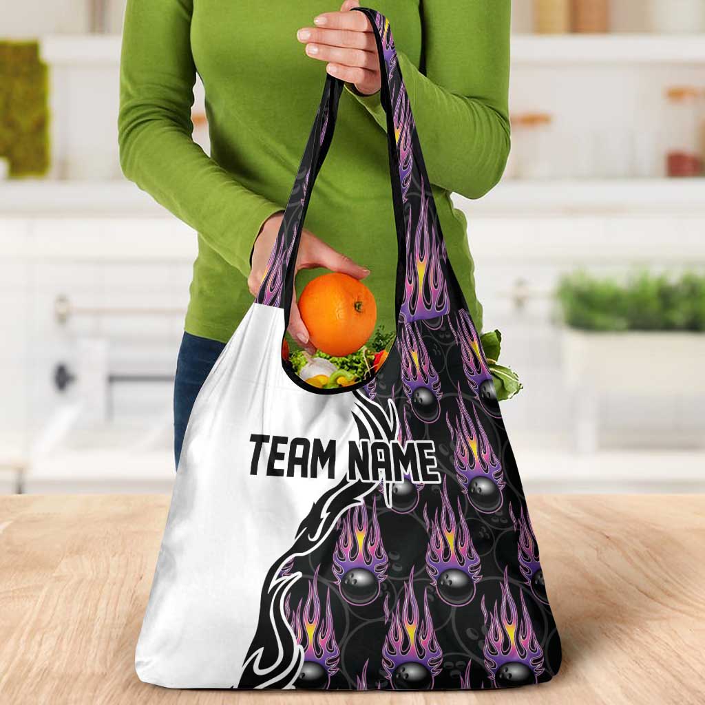 Custom Bowling Team Graphic Grocery Bag with Flaming Ball Design in Black White and Purple Flame Pattern - Wonder Print Shop