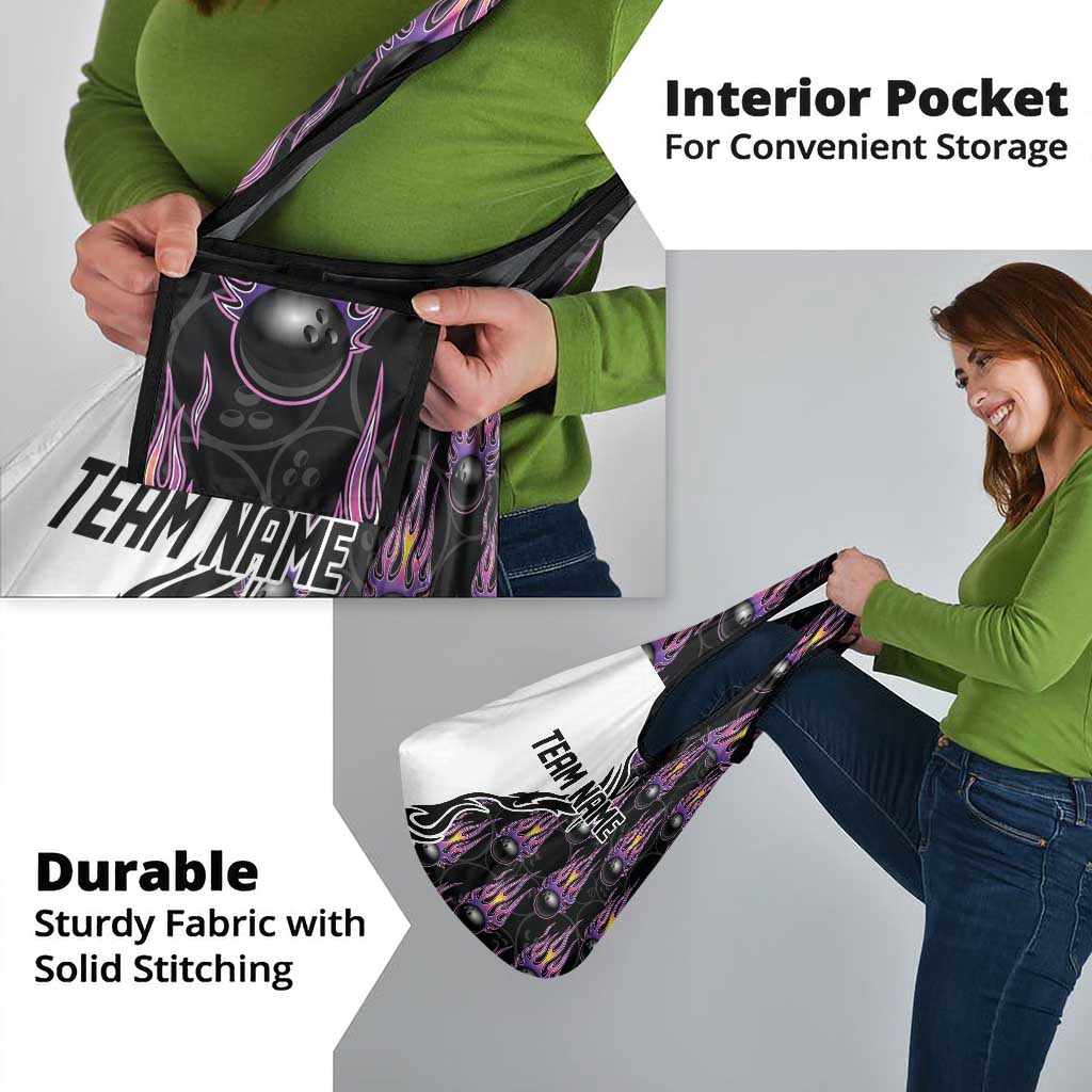 Custom Bowling Team Graphic Grocery Bag with Flaming Ball Design in Black White and Purple Flame Pattern - Wonder Print Shop