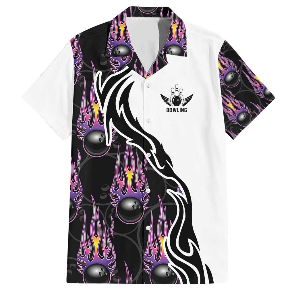 Custom Bowling Team Graphic Hawaiian Shirt with Flaming Ball Design in Black White and Purple Flame Pattern - Wonder Print Shop