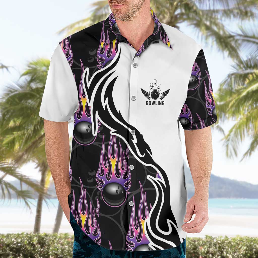 Custom Bowling Team Graphic Hawaiian Shirt with Flaming Ball Design in Black White and Purple Flame Pattern - Wonder Print Shop