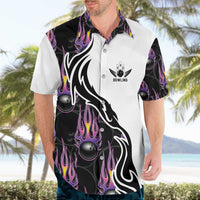 Custom Bowling Team Graphic Hawaiian Shirt with Flaming Ball Design in Black White and Purple Flame Pattern - Wonder Print Shop