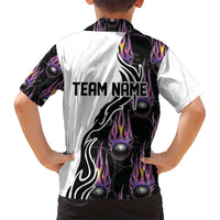 Custom Bowling Team Graphic Hawaiian Shirt with Flaming Ball Design in Black White and Purple Flame Pattern - Wonder Print Shop