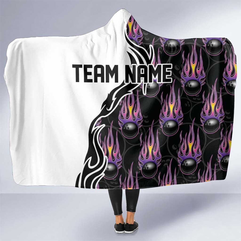 Custom Bowling Team Graphic Hooded Blanket with Flaming Ball Design in Black White and Purple Flame Pattern - Wonder Print Shop