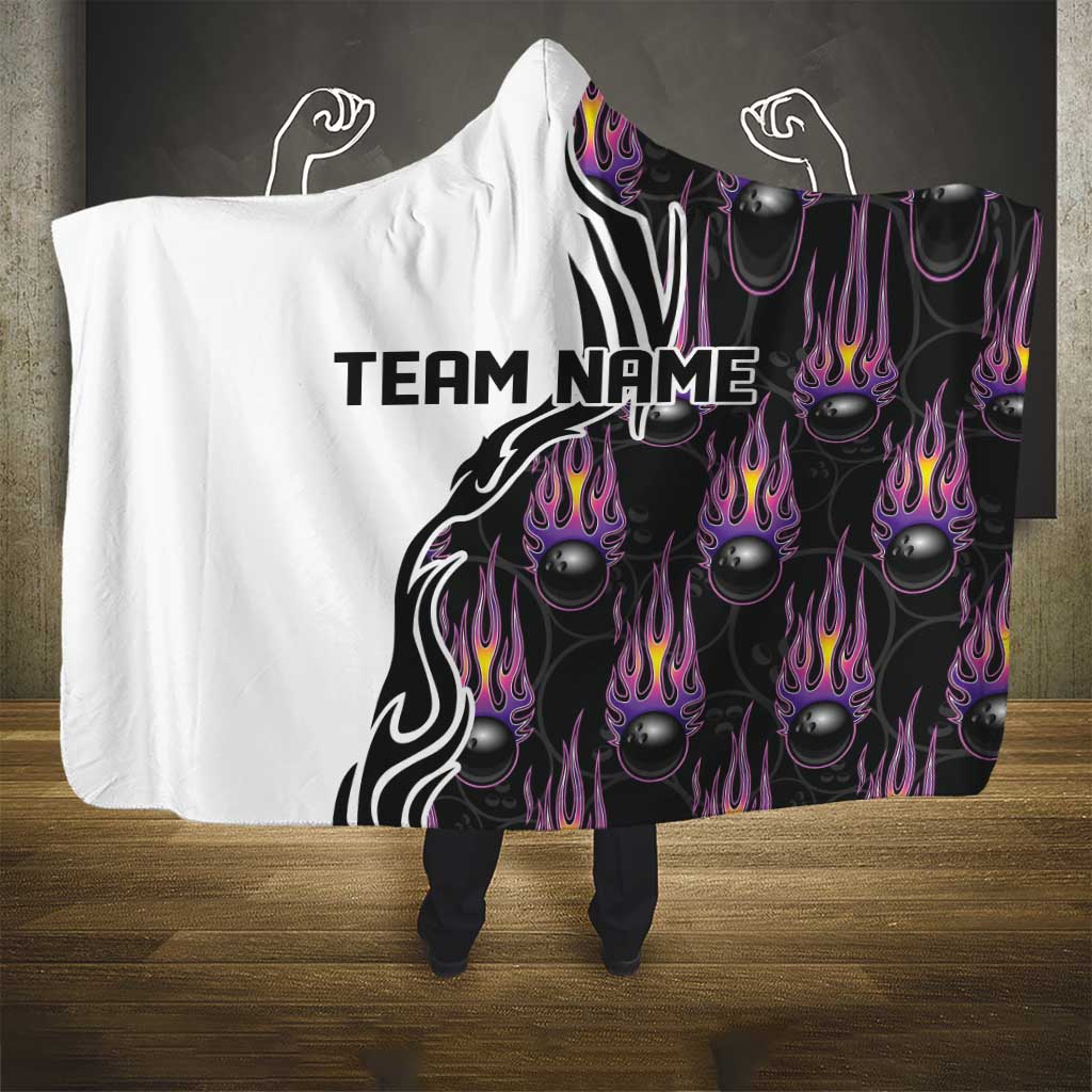 Custom Bowling Team Graphic Hooded Blanket with Flaming Ball Design in Black White and Purple Flame Pattern - Wonder Print Shop