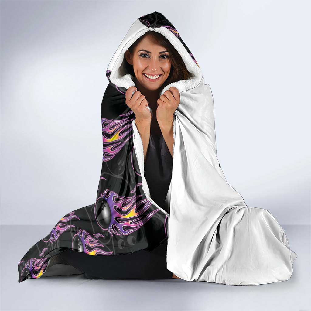 Custom Bowling Team Graphic Hooded Blanket with Flaming Ball Design in Black White and Purple Flame Pattern - Wonder Print Shop
