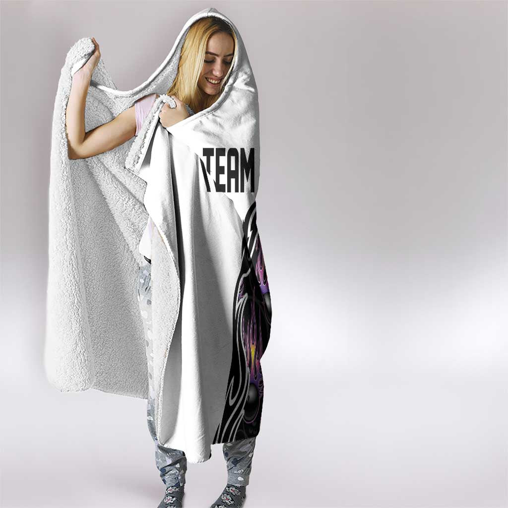 Custom Bowling Team Graphic Hooded Blanket with Flaming Ball Design in Black White and Purple Flame Pattern - Wonder Print Shop