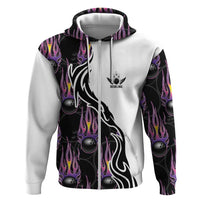 Custom Bowling Team Graphic Hoodie with Flaming Ball Design in Black White and Purple Flame Pattern - Wonder Print Shop