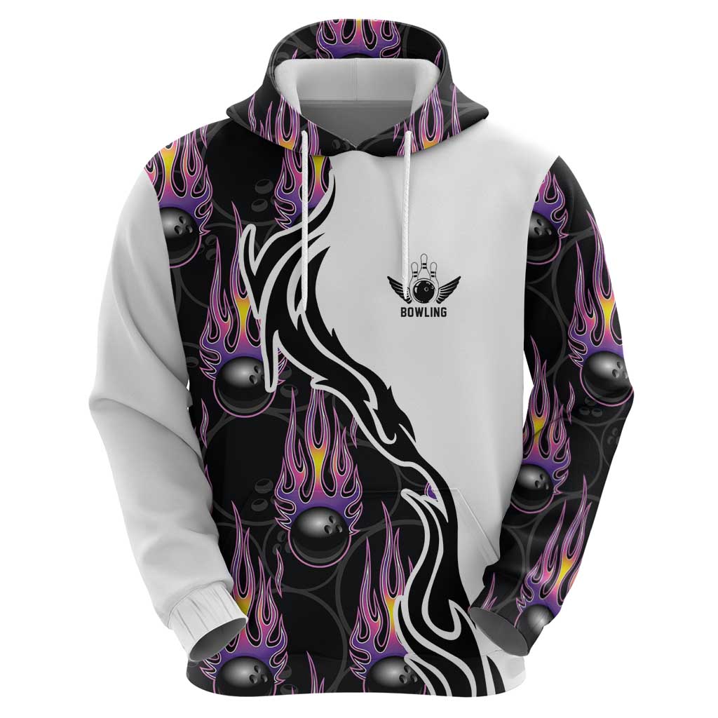 Custom Bowling Team Graphic Hoodie with Flaming Ball Design in Black White and Purple Flame Pattern - Wonder Print Shop