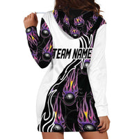 Custom Bowling Team Graphic Hoodie Dress with Flaming Ball Design in Black White and Purple Flame Pattern - Wonder Print Shop