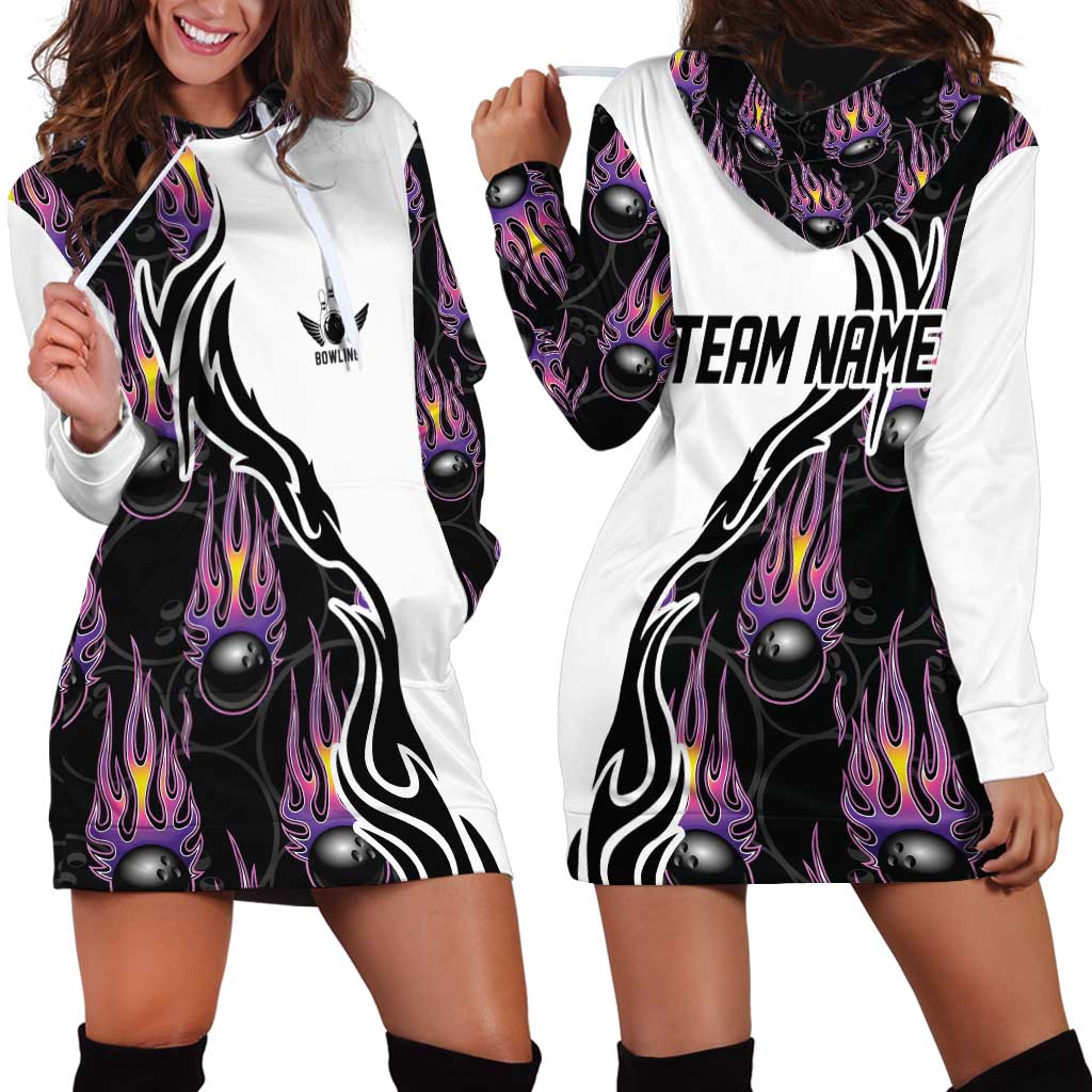Custom Bowling Team Graphic Hoodie Dress with Flaming Ball Design in Black White and Purple Flame Pattern - Wonder Print Shop